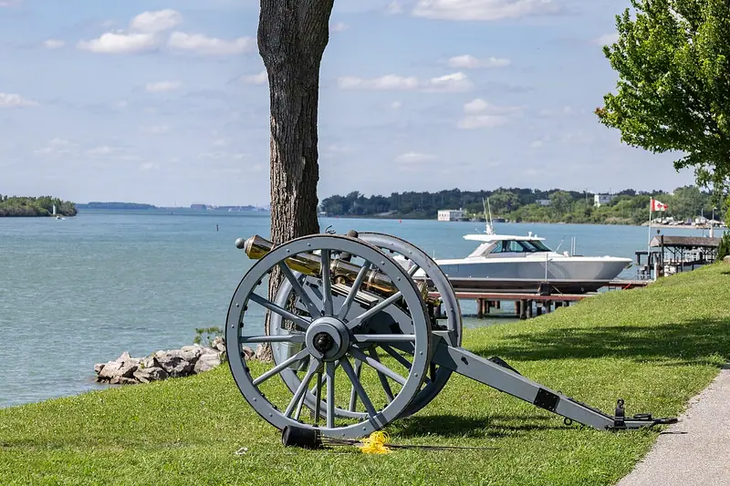 Historic cannon overlooking the Detroit River near Fort Malden in Amherstburg